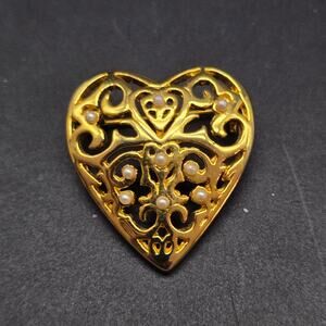 SFJ Signed Filigree Heart Brooch Gold Tone Faux Pearl Vintage Jewelry